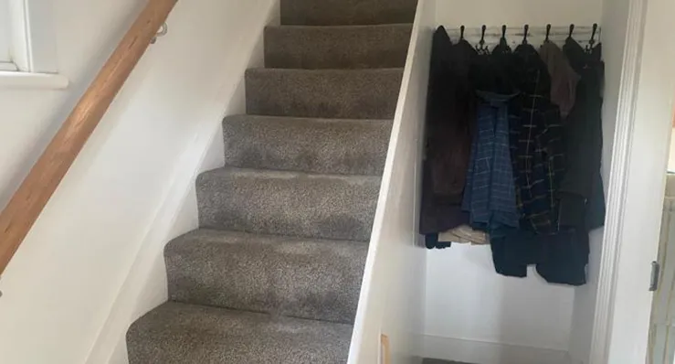 A set of stairs leading up to a closet.