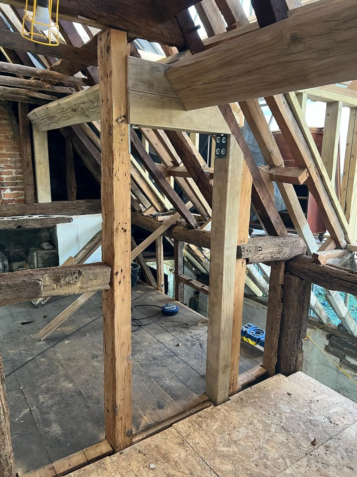 A room that has some wooden beams in it.