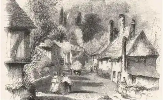A black and white drawing of a village.